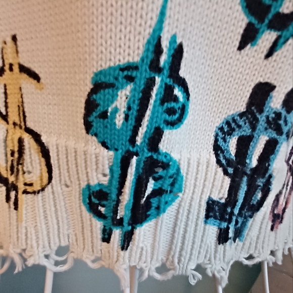 EUC R13 Distressed Cotton Dollar Sign Motif Long Sleeve Sweater - Picture 6 of 7